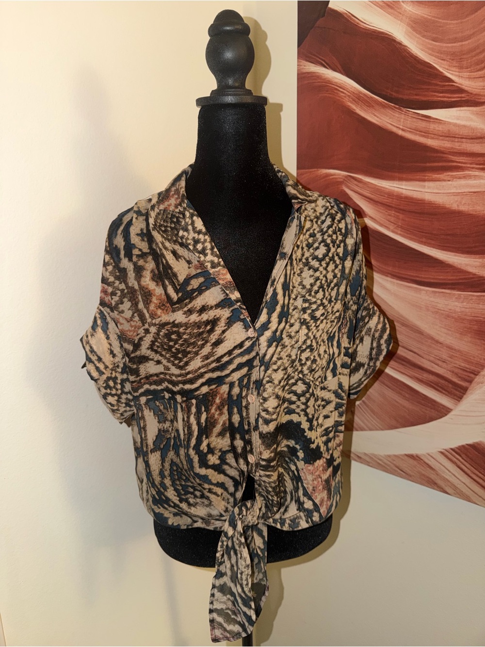 Source Unknown Beige, Blue and Brown Tie-Front Women's Blouse
